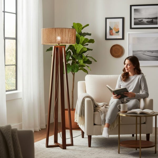 LAMPARA DE PIE MODELO NORDICA -  1,60 MTS  C/ARMAZON DIAMETRO 40 CM - MADERA + HILO YUTE NATURAL