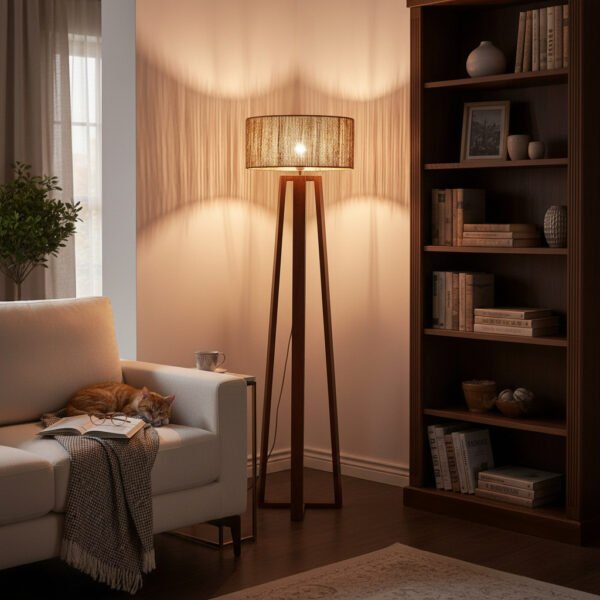 LAMPARA DE PIE MODELO NORDICA -  1,60 MTS  C/ARMAZON DIAMETRO 40 CM - MADERA + HILO YUTE NATURAL