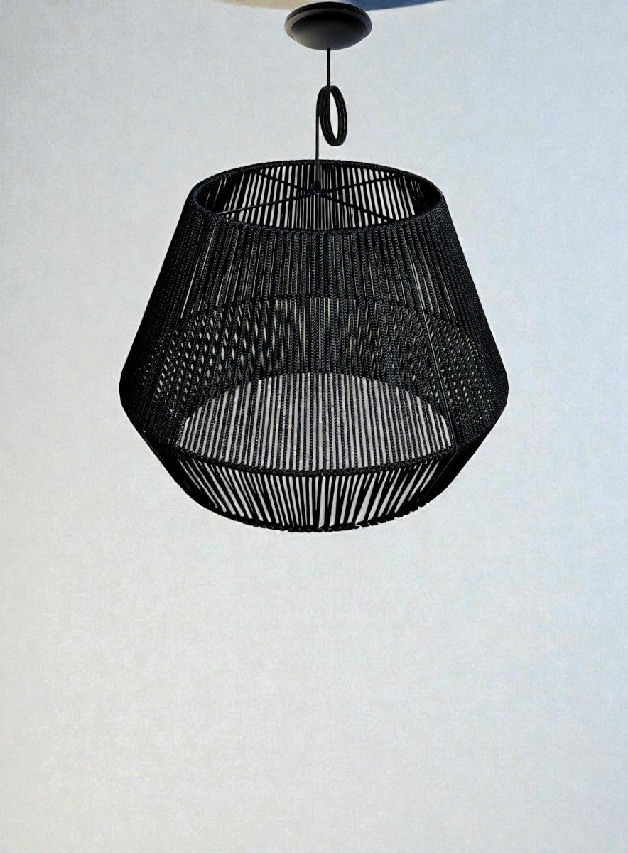 LAMPARA COLGANTE MODELO PRISMA - JAULA 40CM X 32CM ALTO - HILO PROPILENO NEGRO